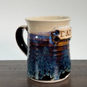 Handmade Pottery Coffee Mug‎ "DAD" Blue/Brown Glazed Ceramic